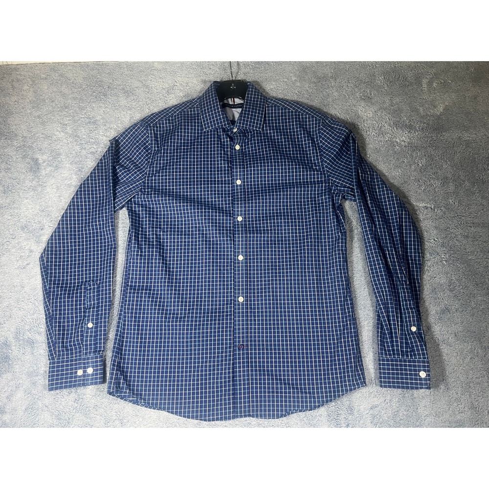Tommy Hilfiger Mens Slim Fit Non Iron Dress Shirt Blue Check 15.5 34/35 EUC